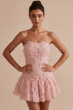 Pink A-Line Strapless Beaded Pearl Floral Short Homecoming Dress