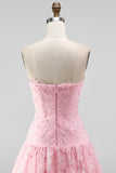 Pink A-Line Strapless Beaded Pearl Floral Short Homecoming Dress