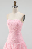 Pink A-Line Strapless Beaded Pearl Floral Short Homecoming Dress