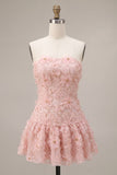 Pink A-Line Strapless Beaded Pearl Floral Short Homecoming Dress