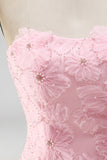 Pink A-Line Strapless Beaded Pearl Floral Short Homecoming Dress
