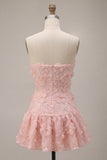 Pink A-Line Strapless Beaded Pearl Floral Short Homecoming Dress