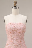 Pink A-Line Strapless Beaded Pearl Floral Short Homecoming Dress