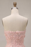 Pink A-Line Strapless Beaded Pearl Floral Short Homecoming Dress