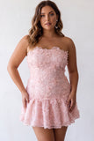 Pink A-Line Strapless Beaded Pearl Floral Short Homecoming Dress