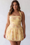 A-Line Yellow Halter Neck Floral Embroidered Homecoming Dress