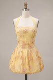 A-Line Yellow Halter Neck Floral Embroidered Homecoming Dress
