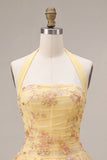 A-Line Yellow Halter Neck Floral Embroidered Homecoming Dress