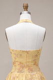 A-Line Yellow Halter Neck Floral Embroidered Homecoming Dress