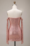 Sparkly Champagne Off the Shoulder Bodycon Sequins Homecoming Dress
