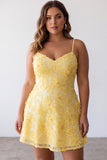 A-Line Yellow Beaded Spaghetti Straps Floral Short Formal Dress