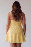 A-Line Yellow Beaded Spaghetti Straps Floral Short Formal Dress