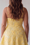 A-Line Yellow Beaded Spaghetti Straps Floral Short Formal Dress