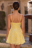 A-Line Yellow Beaded Spaghetti Straps Floral Pearl Short Homecoming Dress