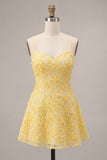 A-Line Yellow Beaded Spaghetti Straps Floral Pearl Short Homecoming Dress