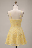 A-Line Yellow Beaded Spaghetti Straps Floral Pearl Short Homecoming Dress