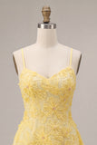 A-Line Yellow Beaded Spaghetti Straps Floral Pearl Short Homecoming Dress