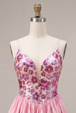 A-Line Pink Floral Spaghetti Straps Homecoming Dress with Sequins
