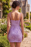 Plum Bodycon Spaghetti Straps Corset Sequins Homecoming Dress with Bow