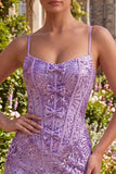Plum Bodycon Spaghetti Straps Corset Sequins Homecoming Dress with Bow