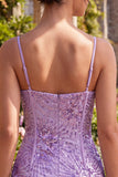 Plum Bodycon Spaghetti Straps Corset Sequins Homecoming Dress with Bow