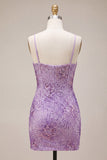 Plum Bodycon Spaghetti Straps Corset Sequins Homecoming Dress with Bow