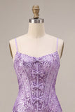 Plum Bodycon Spaghetti Straps Corset Sequins Homecoming Dress with Bow