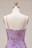 Plum Bodycon Spaghetti Straps Corset Sequins Homecoming Dress with Bow