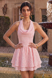 Pink A-Line Cowl Neck Corset Tiered Homecoming Dress