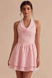 Pink A-Line Cowl Neck Corset Tiered Homecoming Dress