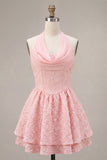 Pink A-Line Cowl Neck Corset Tiered Homecoming Dress