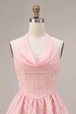 Pink A-Line Cowl Neck Corset Tiered Homecoming Dress