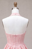 Pink A-Line Cowl Neck Corset Tiered Homecoming Dress