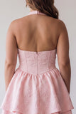 Pink A-Line Cowl Neck Corset Tiered Homecoming Dress