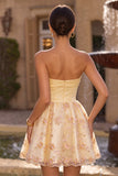 Light Yellow A-Line Strapless Floral Embroidered Homecoming Dress