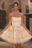 Light Yellow A-Line Strapless Floral Embroidered Homecoming Dress
