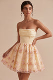 Light Yellow A-Line Strapless Floral Embroidered Homecoming Dress