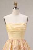 Light Yellow A-Line Strapless Floral Embroidered Homecoming Dress
