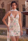 Sparkly White Pink Flower Bodycon Sequins Homecoming Dress with Fringes