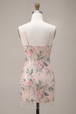 Sparkly White Pink Flower Bodycon Sequins Homecoming Dress with Fringes