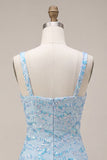 Sparkly Sky Blue Bodycon Thick Straps Sequins Homecoming Dress with Slit
