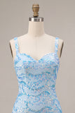 Sparkly Sky Blue Bodycon Thick Straps Sequins Homecoming Dress with Slit