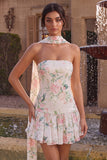 Sparkly White Pink Flower A-Line Strapless Sequins Homecoming Dress with Neck Scarf