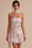 Sparkly White Pink Flower A-Line Strapless Sequins Homecoming Dress with Neck Scarf