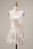 Sparkly White Pink Flower A-Line Strapless Sequins Homecoming Dress with Neck Scarf