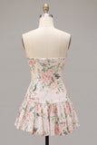 Sparkly White Pink Flower A-Line Strapless Sequins Homecoming Dress with Neck Scarf