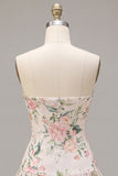 Sparkly White Pink Flower A-Line Strapless Sequins Homecoming Dress with Neck Scarf