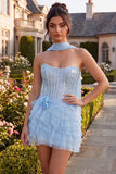 Sky Blue Corset Tiered Sequins A-Line Strapless Homecoming Dress with Neck Scarf