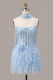 Sky Blue Corset Tiered Sequins A-Line Strapless Homecoming Dress with Neck Scarf