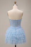 Sky Blue Corset Tiered Sequins A-Line Strapless Homecoming Dress with Neck Scarf